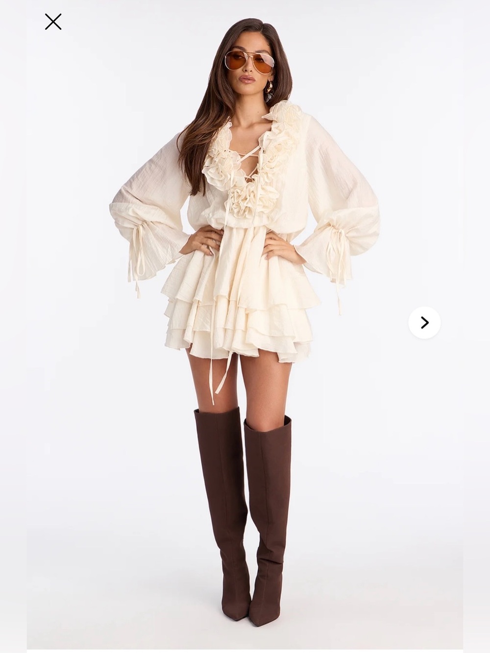 Fashion Nova Cream Ruffle Tiered Mini Dress with Lace-Up V-Neck